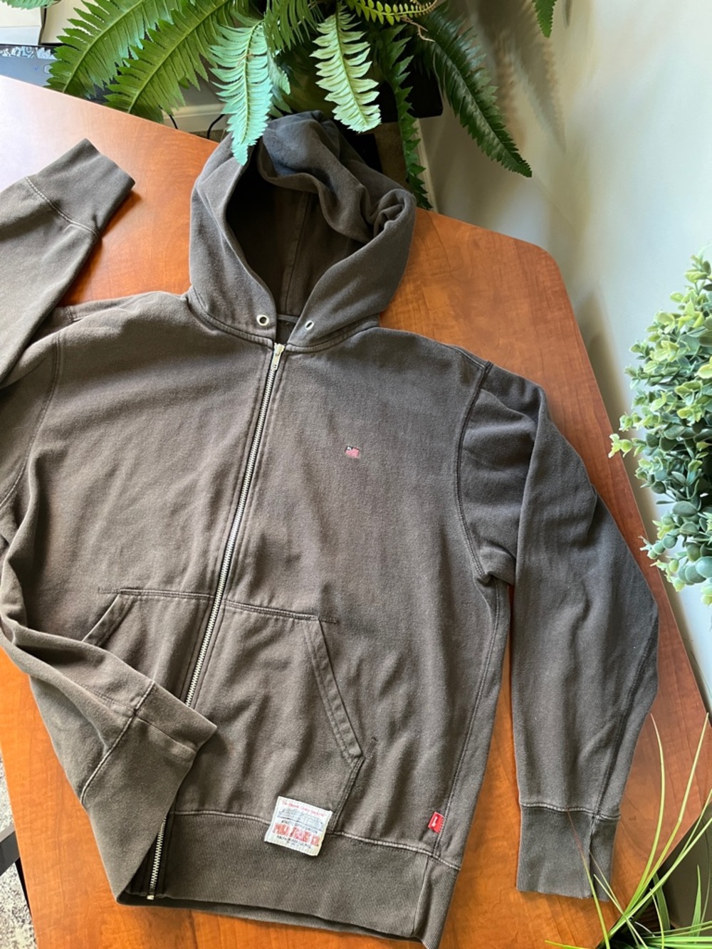 Polo Y2K Faded Black Full-Zip Hoodie Baggy American Flag Polo Patch